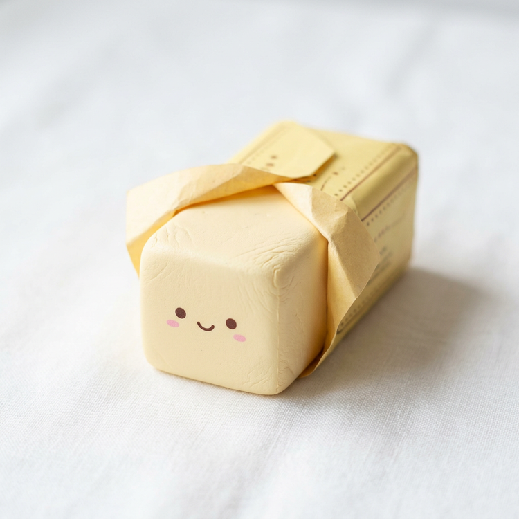 Pale yellow butter stick squishy with a smiling kawaii face, partly wrapped in paper
