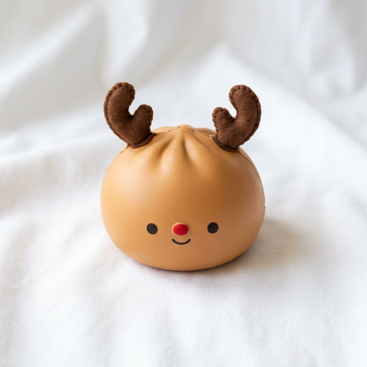 Light brown reindeer dumpling squishy with brown antlers, a red nose and a smiling face